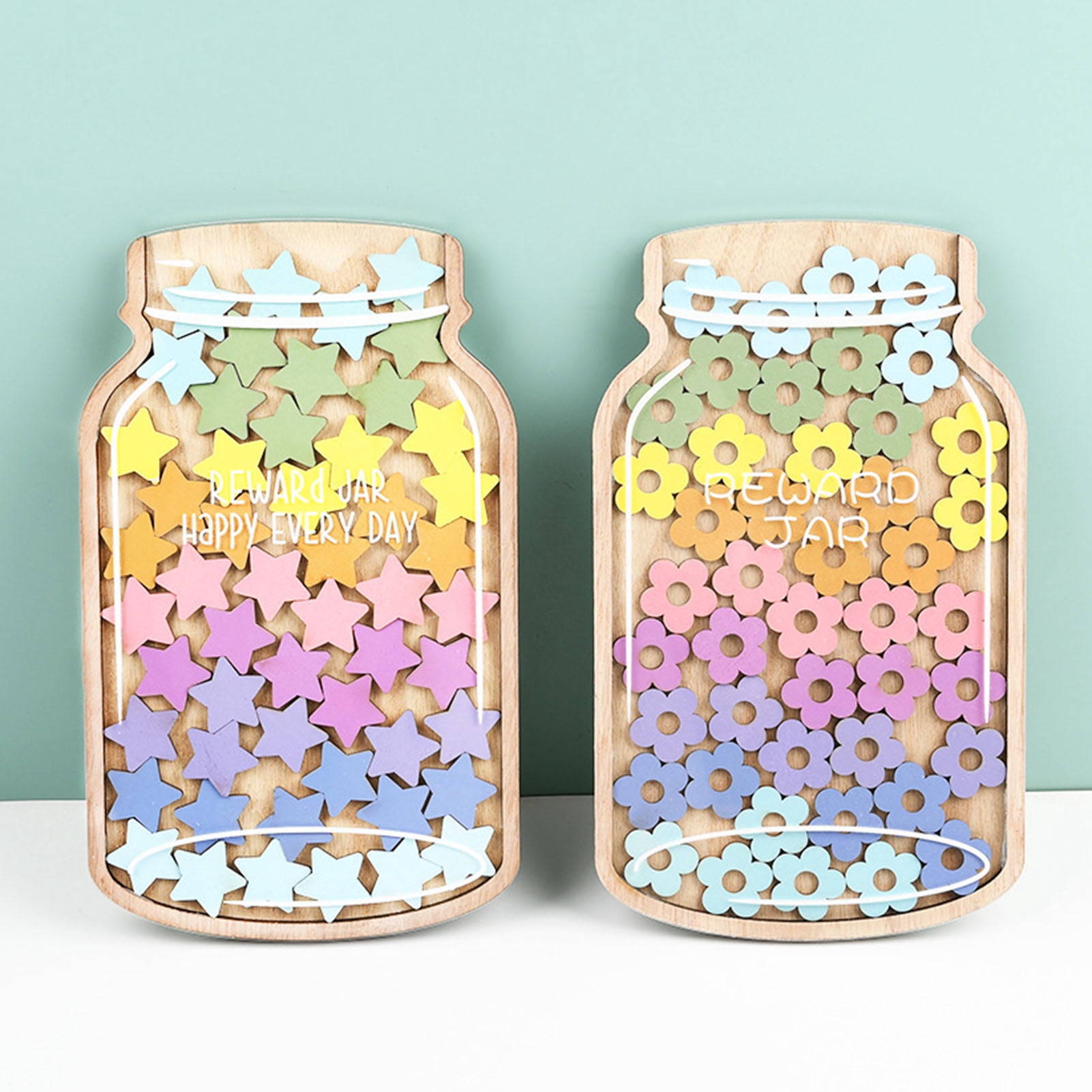 Dserhfy Wooden Reward Jar with 25 Colorful Stars Flowers Kids Students ...