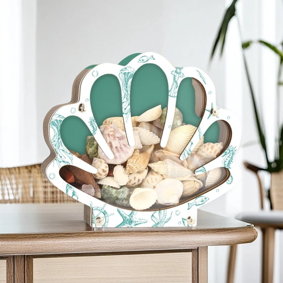 Dserhfy Wooden Shell Display Case Handcrafted Rustic Sea Shell Shadow Box Seashell Shaped Storage Display Box Home Office Desktop Decoration