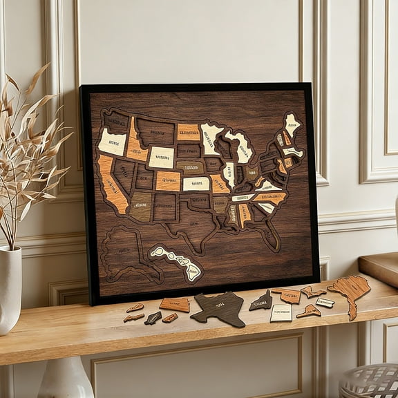 Dserhfy Wooden USA Travel Puzzle Board State Travel Tracker Wall Decor Interactive Trip Keepsake for Home Office Gift for Travelers