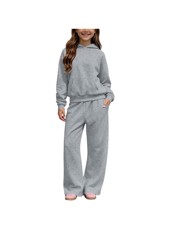 Girls 2 Piece Outfits Fleece Lined Long Sleeve Hoodies Wide Leg Sweatpant Sets Kids Casual Tracksuit Pockets Fall Winter Clothes 5-14 Years