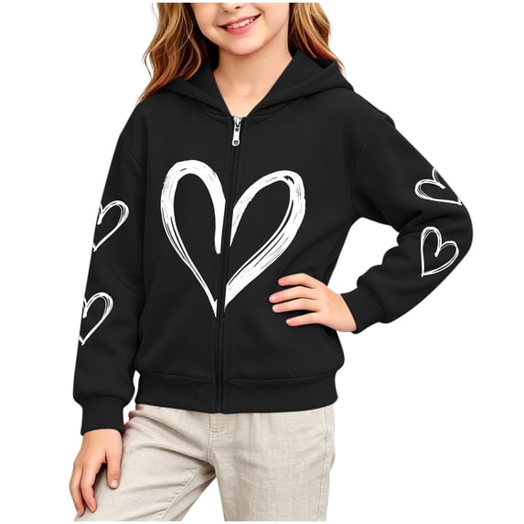 Dsjonao Girls Zip Up Hoodies Heart Printed Fleece Lined Sweatshirt Jackets Cute Long Sleeve Casual Outerwear For School Daily Wear,2-14Y