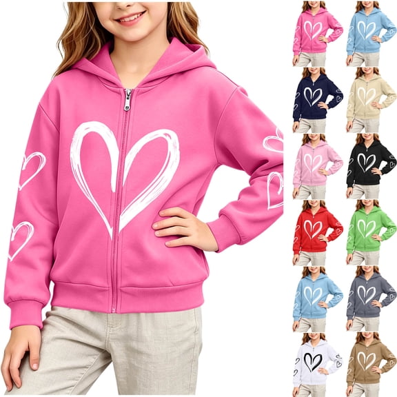 Dsjonao Girls Zip Up Hoodies Heart Printed Fleece Lined Sweatshirt Jackets Cute Long Sleeve Casual Outerwear For School Daily Wear,2-14Y