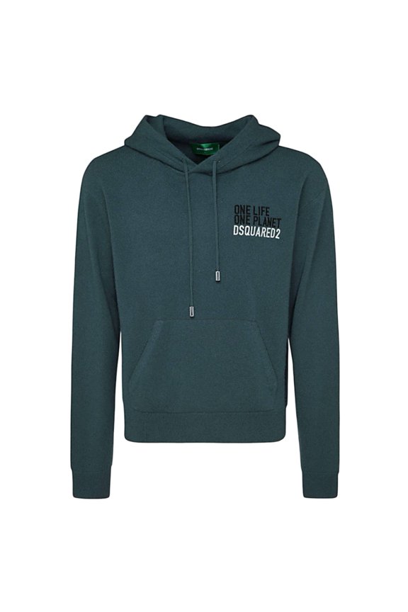 Dark Green Hooded Sweater With Front Kangaroo Pocket And Printed Design (Men's)