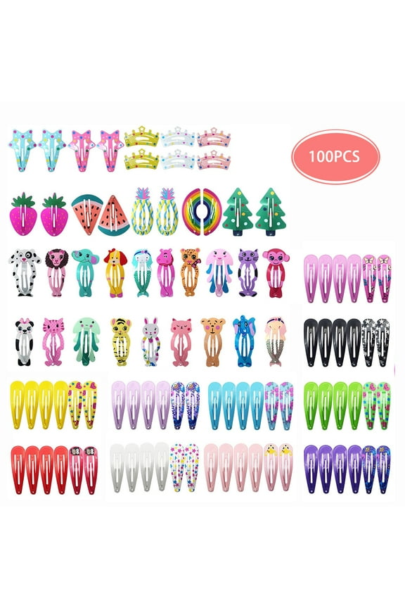 100 Pcs Girls Hair Clips Barrettes,Lovely Animal Fruit Printed Pattern Metal Snap Hair Clips Cartoon Design Hairpins for Kids Teens Pets