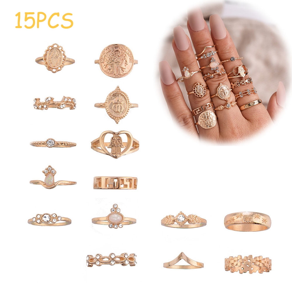 Dsseng 15 Pcs Women Knuckle Rings Set Gold Gem Joint Rings Teen Girls