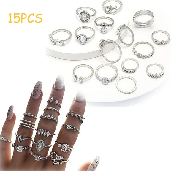 Dsseng 15PCS Vintage Silver Knuckle Rings for Women Crystal Rhinestone Finger Statement Ring Sets Vintage Joint Knot Mid Rings