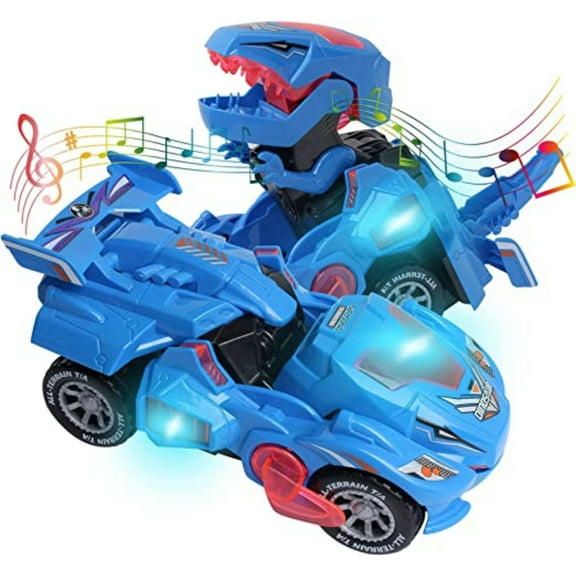 Dsseng 2 in 1 Transforming Dinosaur LED Car with Light and Music, T Rex Transformer Toys for 3 4 5 Year Old Boys, Christmas Birthday Gifts for Kids 3-5-7 (Blue)