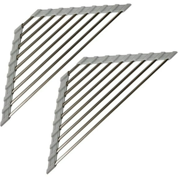 Dsseng 2 Pack Triangle Dish Drying Rack for Sink Corner Roll Up Dish Drying Rack Folding Stainless Steel Multipurpose Over The Sink Corner Dish Drainer Mat for Kitchen Grey