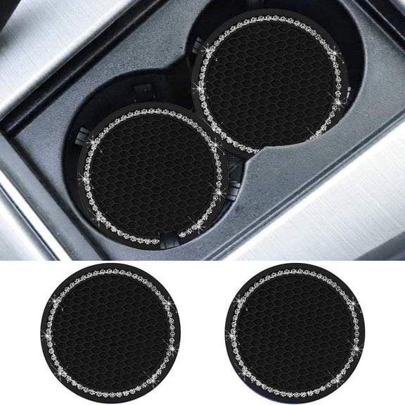 Dsseng 2Pcs Car Coasters PVC Travel Auto Cup Holder Insert Coaster Anti Slip Crystal Vehicle Interior Accessories Cup Mats for Women and Girl(Black)