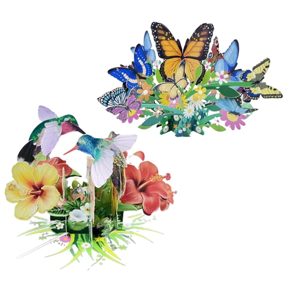 Dsseng 2pcs Ins Wind Birthday Greeting Cards Animals and Flowers Creative Gift 3D Stereo Pop-up Greeting Card Diy Paper Sculpture (1* Butterfly Flower + 1* Hummingbird)