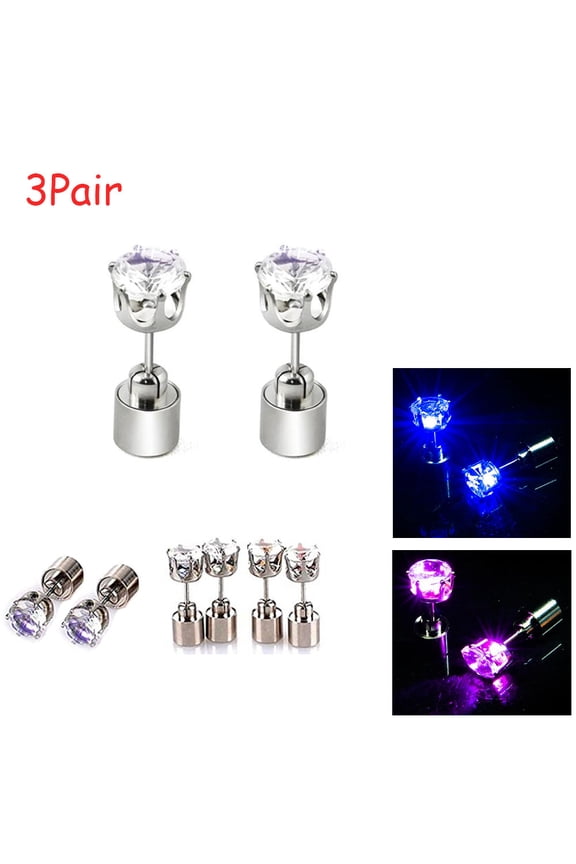 3 Pairs Changing Color Light Up LED Earrings,Studs Flashing Blinking Earrings Dance Party Acc Dec Christmas Gifts for Men Women Mom Wife Girlfriend Friend Boyfriend(Blue+Purple+Colorful)