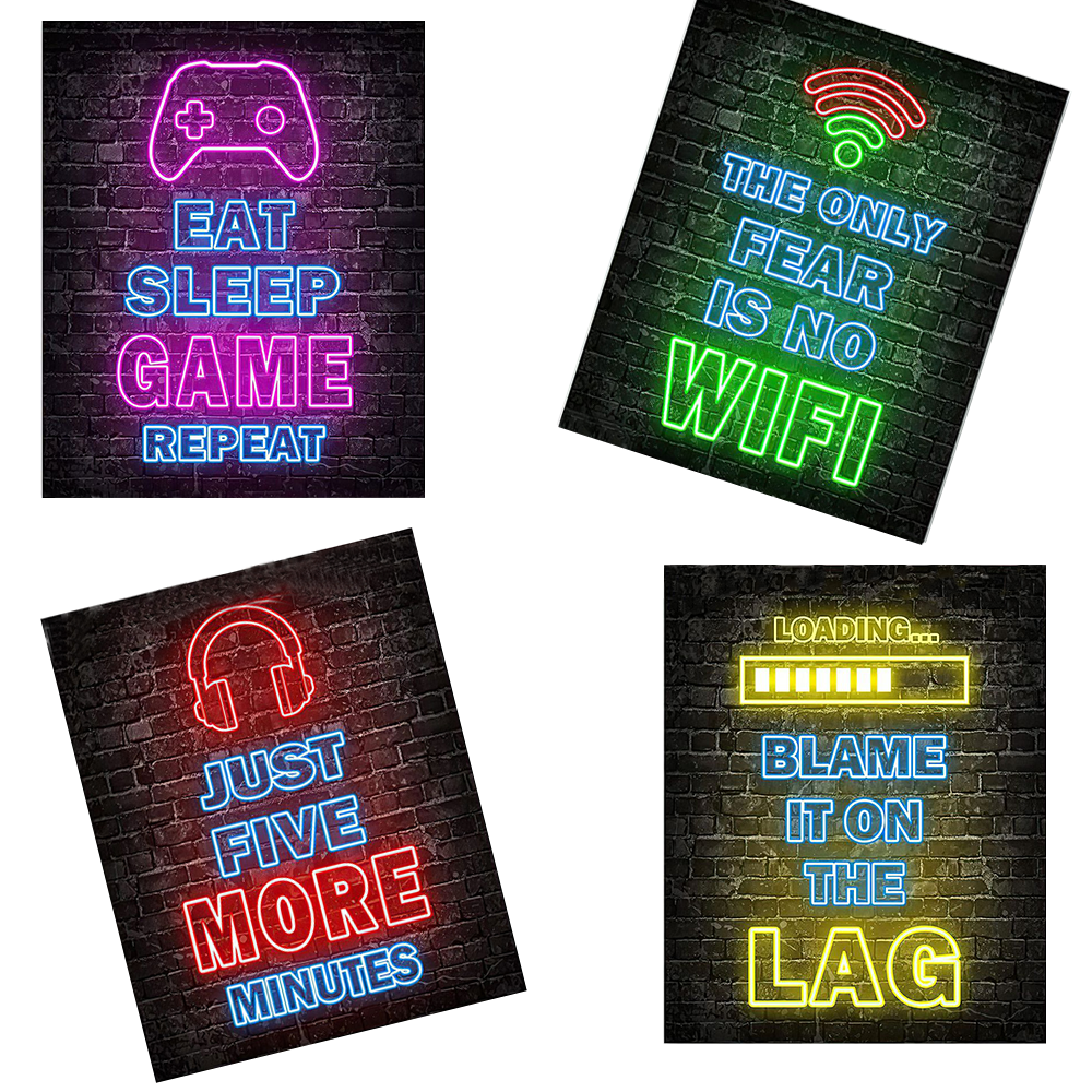 Dsseng 4Pcs Neon Game Art Wall Decor Canvas Prints Funny Quotes Gaming Room Decorations Pictures Posters for Boys Bedroom Video Game Room Playroom Gamer Decor Framed Ready to Hang(12x16inch)