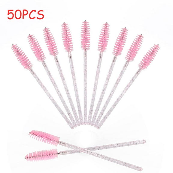 Dsseng 50 Pcs Disposable Eyelash Brushes, Spoolies for Eyelash Extensions, Spoolie Eyebrow Eyeshadow Brow Makeup Supplies Kit Cleansing Glitter Applicator Tool Accessories Bristle (Crystal Pink)