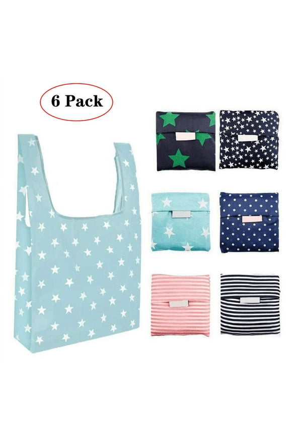 6 Pcs Reusable Grocery Bags, Grocery Tote Foldable into Attached Pouch, Ripstop Polyester Reusable Shopping Bags, Eco-Friendly Purse Bag Washable, Durable and Lightweight