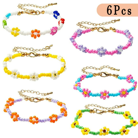 Dsseng 6PCS Colorful Daisy Flower Bead Bracelets Set Indie Handmade Anklets Vsco Boho Beach Summer Braided String Y2K Aesthetic Kidcore Style Jewelry for Women Teen Girls