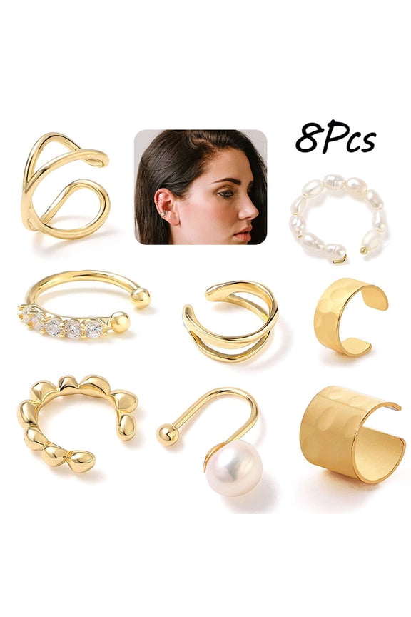 8 Pcs Ear Cuffs for Non-Pierced Ears Gold Ear Cuff Earrings for Women Cartilage Hoop Clip On Hypoallergenic Huggie Earrings Fake Nose Ring Jewelry Gifts