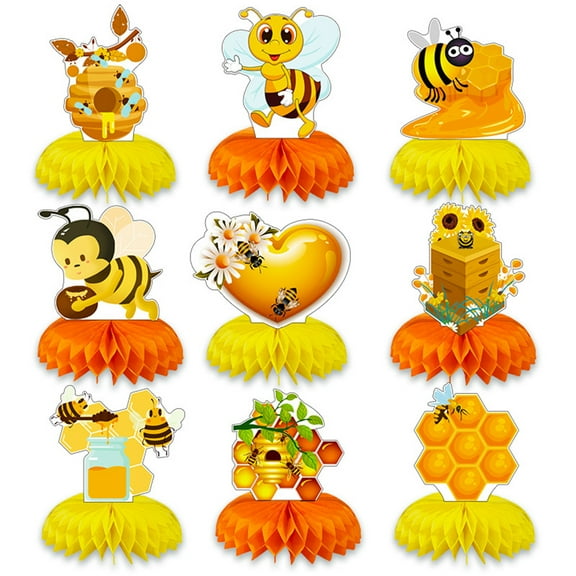 Dsseng 9 Pcs Honeybee Party decorations Beehive Paper Fan Bee Honeypot Baby Birthday Tabletop Decoration Party Honeycomb Decoration