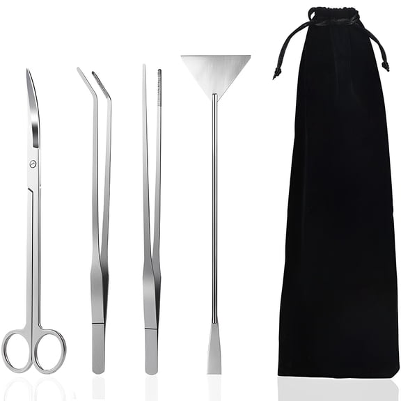 Dsseng Aquarium Tools Set, Stainless Steel Aquascaping Kit for Aquatic Plants - 4-in-1 with Tweezers, Scissors, Spatula and includes Velvet Pouch
