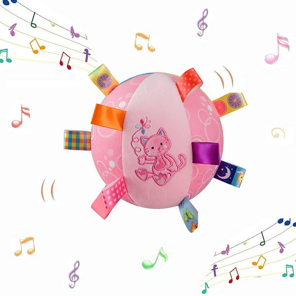 Dsseng Baby Colorful Tag Ball - Soft Plush Rattle Ball Toy for Early Educational, Stuffed Animal Multi Sensory Toy for Baby Kids Toddlers Infants, Ribbon Tag Ball (Pink Cat)