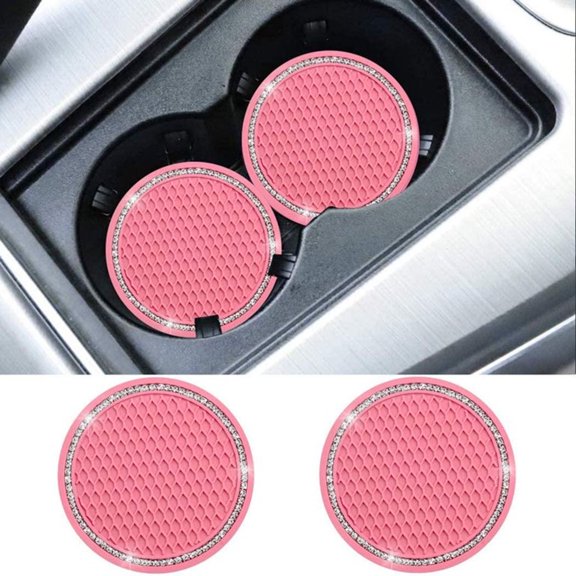 Dsseng Bling Car Coasters Black PVC Travel Auto Cup Holder Insert Coaster Anti Slip Crystal Vehicle Interior Accessories Cup Mats for Women and Girl (2.75" Diameter,Pack of 2) (Pink)