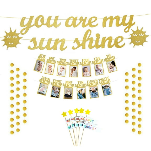 Dsseng Golden You Are My Sunshine Banner Baby Birthday Banner &12 Months Photo Banner & Cake Flag for Baby Shower Kid's Birthday Party Decorations