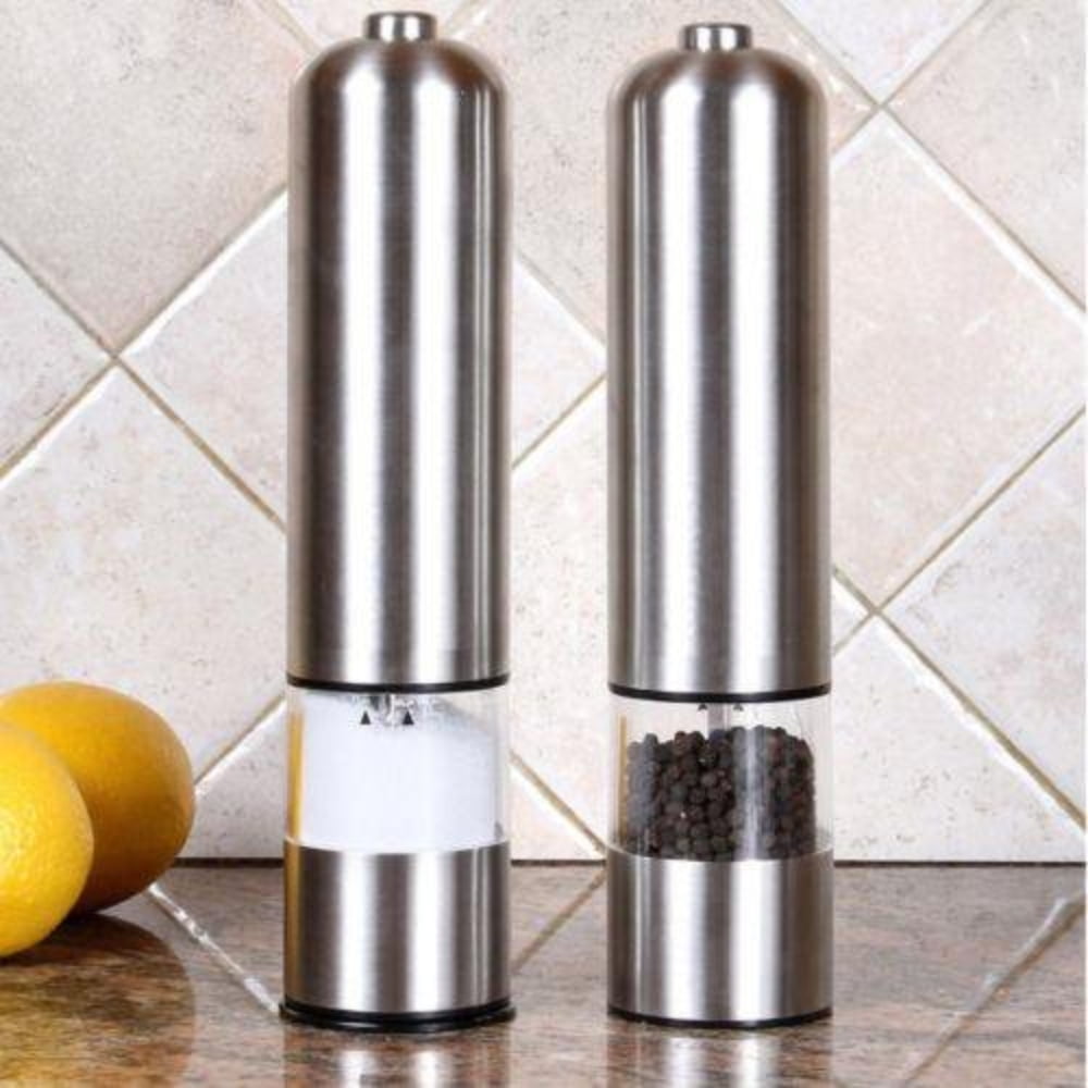 Dsseng Salt and Pepper Grinder Set of 2,Stainless Steel Push Button Pepper Mill Modern Thumb Grinder for Black Pepper,Sea Salt Himalayan Salt and Spices,Comes with Stand