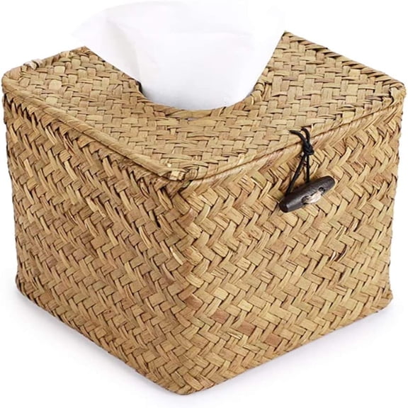 Dsseng Square Seagrass Facial Tissue Box Decorative Woven Paper Holder Napkin Dispenser