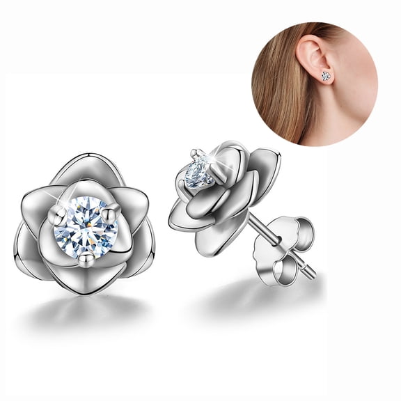 Dsseng Sterling Silver Rose Flower Earring Studs Hypoallergenic & Nickel Free Earrings for Women(Silver)