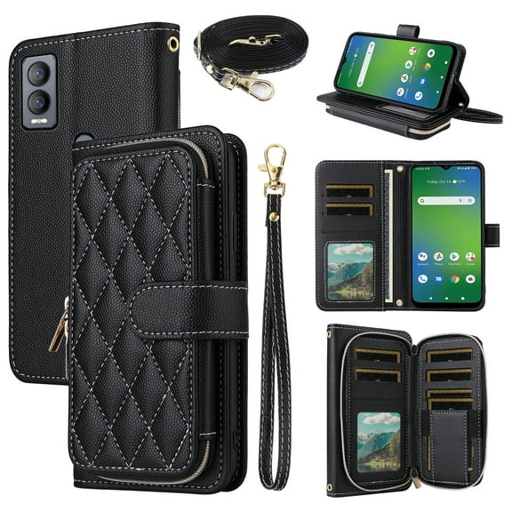 Dswteny Argyle Wallet Case for Cricket Magic 5G U6080AC/AT&T Propel 5G U6080AA with Wrist Strap Shoulder Strap, Flip Credit Card Holder Stand Accessories Cell Phone Cover for ATT Women Girls Black