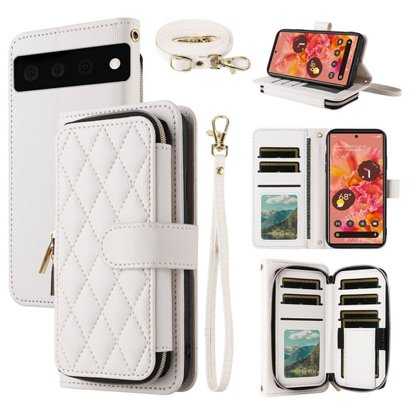 Dswteny Argyle Wallet Case for Google Pixel 6 with Wrist Strap Shoulder Strap, Zipper Purse PU Leather Flip Credit Card Holder Stand Accessories Cell Phone Cover for Pixel6 Pixle Six Girls White