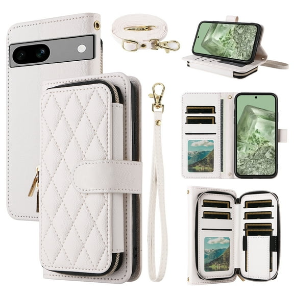 Dswteny Argyle Wallet Case for Google Pixel 6A 5G 2022 with Wrist Strap Shoulder Strap Zipper PU Leather Flip Credit Card Holder Stand Accessories Cell Phone Cover for Pixel6A A6 Women Girls White