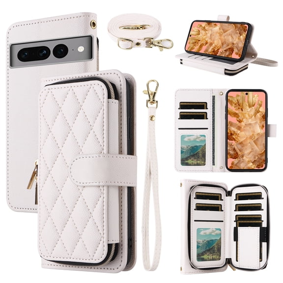 Dswteny Argyle Wallet Case for Google Pixel 8 5G with Wrist Strap Shoulder Strap, Zipper Purse PU Leather Flip Credit Card Holder Stand Accessories Cell Phone Cover for Pixel8 Eight Women Girls White