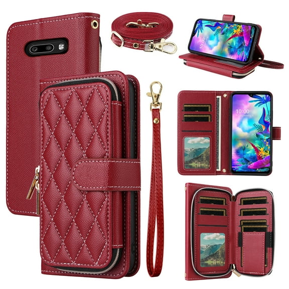 Dswteny Argyle Wallet Case for LG G8X ThinQ V50S Thin Q with Wrist Strap Shoulder Strap, PU Leather Flip Credit Card Holder Stand Accessories Cell Phone Cover for LGG8XThinQ GX8 8X Women Girls Red