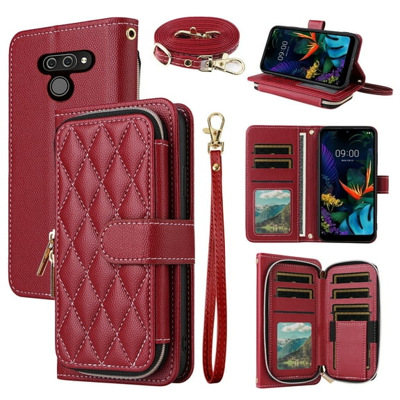 Dswteny Argyle Wallet Case for LG K50/Q60/X6/K12 MAX with Wrist Strap Shoulder Strap, Zipper Purse Luxury PU Leather Flip Credit Card Holder Stand Cell Phone Cover for LGK50case Women Girls Red