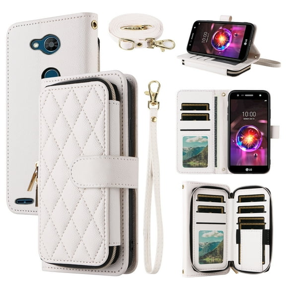 Dswteny Argyle Wallet Case for LG X Charge/Fiesta 2 LTE/X Power 3/X5/LV7 with Wrist Strap Shoulder Strap Flip Credit Card Holder Cell Phone Cover for LG-M322 XPower 2 SP320 M327 M322 Girls White