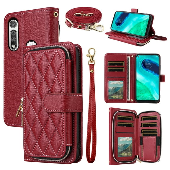 Dswteny Argyle Wallet Case for Moto G Fast 2020 with Wrist Strap Shoulder Strap, Zipper Purse PU Leather Flip Credit Card Holder Stand Cell Phone Cover for Motorola GFast XT2045-3 Women Girls Red