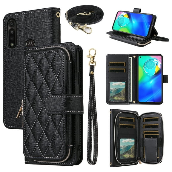 Dswteny Argyle Wallet Case for Moto G Power 2020 with Wrist Strap Shoulder Strap, Zipper PU Leather Flip Credit Card Holder Stand Accessories Cell Phone Cover for Motorola GPower Women Girls Black