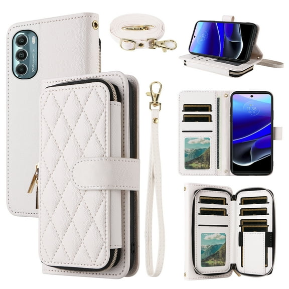 Dswteny Argyle Wallet Case for Moto G Stylus 2022 4G with Wrist Strap Shoulder Strap PU Leather Flip Credit Card Holder Stand Cell Phone Cover for Motorola GStylus XT2211DL XT2211 Women Girls White