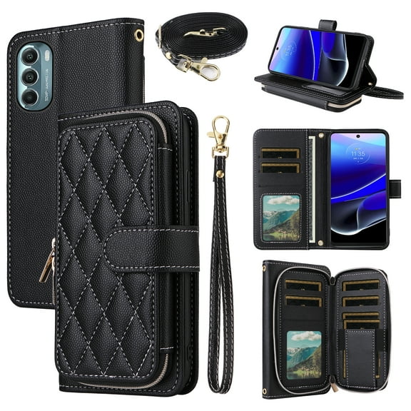 Dswteny Argyle Wallet Case for Moto G Stylus 2022 4G with Wrist Strap Shoulder Strap PU Leather Flip Credit Card Holder Stand Cell Phone Cover for Motorola GStylus XT2211DL XT2211 Women Girls Black