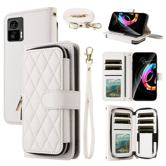 Dswteny Argyle Wallet Case for Motorola Edge 30 Neo with Wrist Strap Shoulder Strap, Zipper Purse Luxury PU Leather Flip Credit Card Holder Stand Accessories Cell Phone Cover for 5G Women Girls White