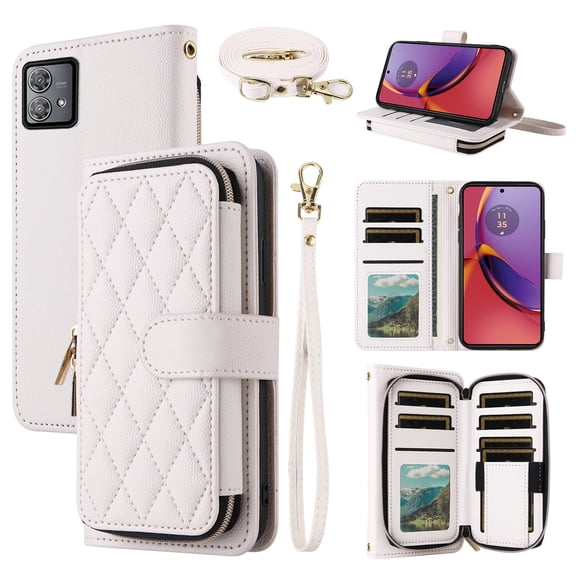 Dswteny Argyle Wallet Case for Motorola Edge 40 Neo with Wrist Strap Shoulder Strap, Zipper Purse PU Leather Flip Credit Card Holder Stand Cell Phone Cover for Moto Edge40 40Neo 5G Women Girls White