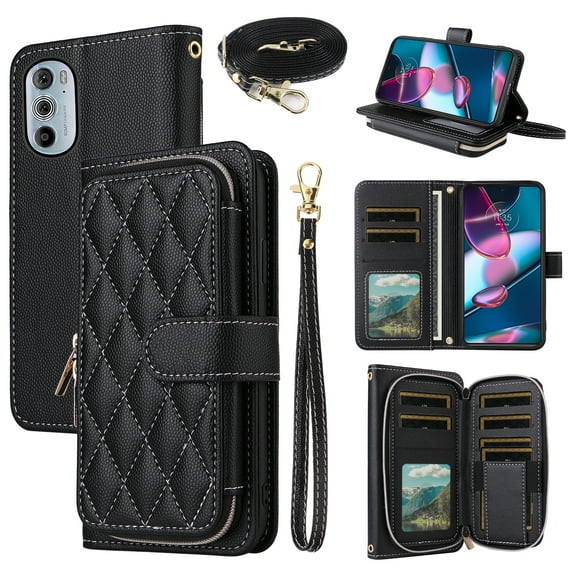 Dswteny Argyle Wallet Case for Motorola Edge+ Plus 2022/Edge X30/30 Pro with Wrist Strap Shoulder Strap, PU Leather Flip Credit Card Holder Cell Phone Cover for Moto Edge + 5G UW Women Girls Black