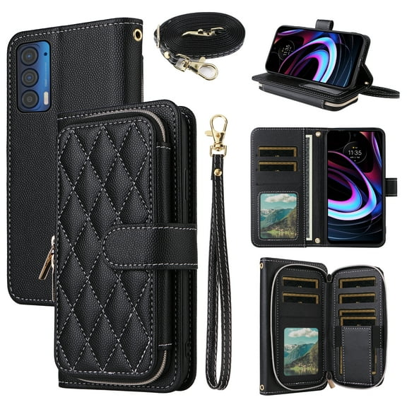 Dswteny Argyle Wallet Case for Motorola Moto Edge 2021/MotoEdge 5G UW 2021 with Wrist Strap Shoulder Strap, PU Leather Flip Credit Card Holder Stand Cell Phone Cover for XT2141-1 Women Girls Black