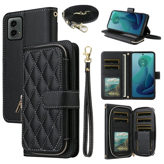 Dswteny Argyle Wallet Case for Motorola Moto G 5G 2024 with Wrist Strap Shoulder Strap, Zipper PU Leather Flip Credit Card Holder Stand Accessories Cell Phone Cover for G5G 5 G G5 Women Girls Black
