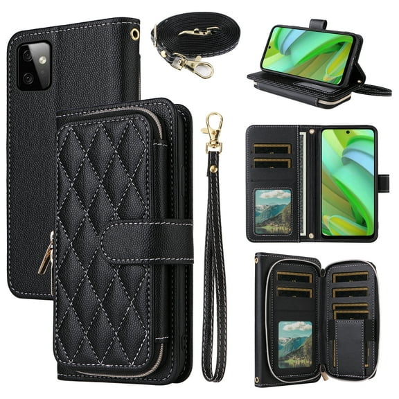 Dswteny Argyle Wallet Case for Motorola Moto G Power 5G 2023 with Wrist Strap Shoulder Strap Zipper Purse PU Leather Flip Credit Card Holder Stand Cell Phone Cover for GPower G5 Women Girls Black