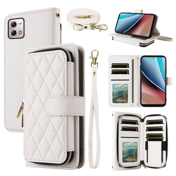 Dswteny Argyle Wallet Case for Motorola Moto G Stylus 4G 2023 with Wrist Strap Shoulder Strap Flip Credit Card Holder Stand Accessories Cell Phone Cover for GStylus XT2317-1 XT2317-2 Girls White