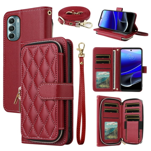 Dswteny Argyle Wallet Case for Motorola Moto G Stylus 5G 2022 with Wrist Strap Shoulder Strap PU Leather Credit Card Holder Stand Cell Phone Cover for Motorola GStylus G5 XT2131DL Women Girls Red