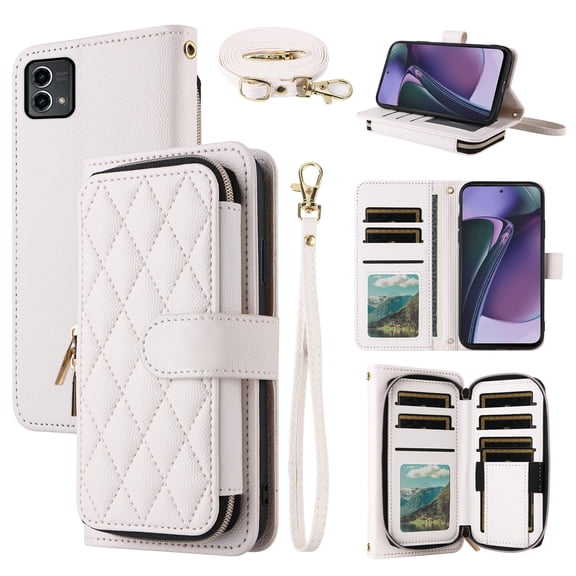 Dswteny Argyle Wallet Case for Motorola Moto G Stylus 5G 2023 with Wrist Strap Shoulder Strap Zipper Flip Credit Card Holder Stand Cell Phone Cover for GStylus G5 XT2317DL XT2315-5 Women Girls White