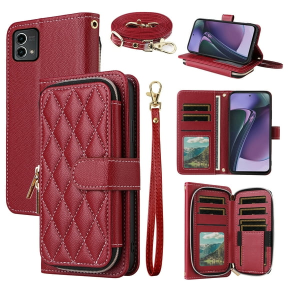 Dswteny Argyle Wallet Case for Motorola Moto G Stylus 5G 2023 with Wrist Strap Shoulder Strap Zipper Flip Credit Card Holder Stand Cell Phone Cover for GStylus G5 XT2317DL XT2315-5 Women Girls Red