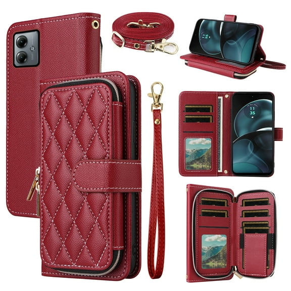 Dswteny Argyle Wallet Case for Motorola Moto G14 with Wrist Strap Shoulder Strap, Zipper Purse PU Leather Flip Credit Card Holder Stand Accessories Cell Phone Cover for MotoG14 G 14 Women Girls Red